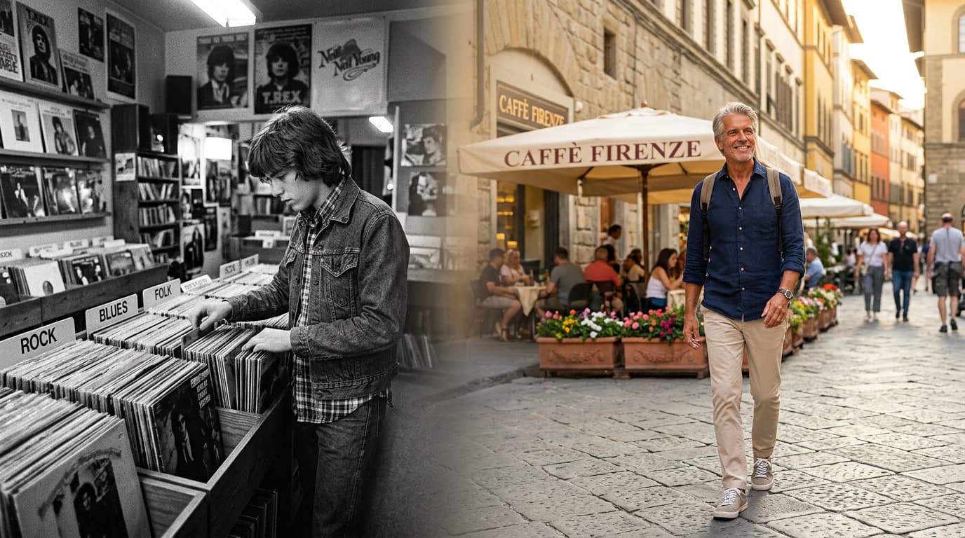 Then and now — young man browsing records in a vintage shop, older man walking through an Italian street