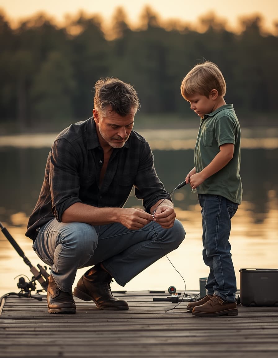 Father teaching his grandson to fish on a dock at sunset