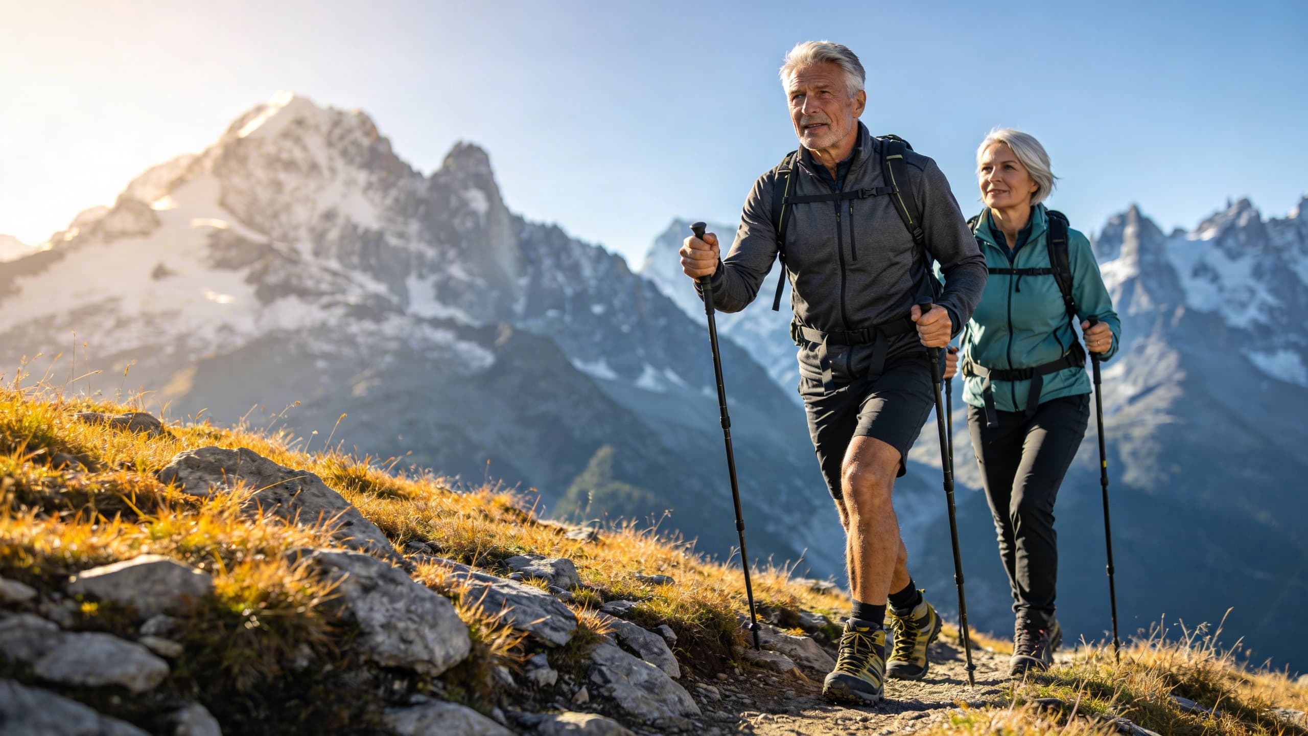 Fit couple hiking a mountain trail at sunrise