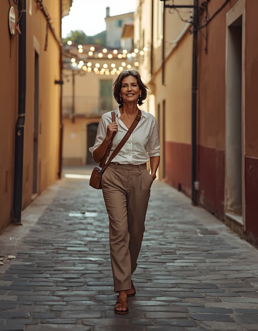 Woman walking through a sunlit Italian village